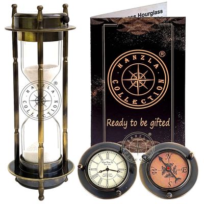 Brass Compass Hourglass Nautical Maritime Sand Timer & Desk Clock Vintage Hour Glass Metal Sand Watch Sand Clock Decorative Sandglass for Gift & Home Office Decor (Black Antique with White Sand)