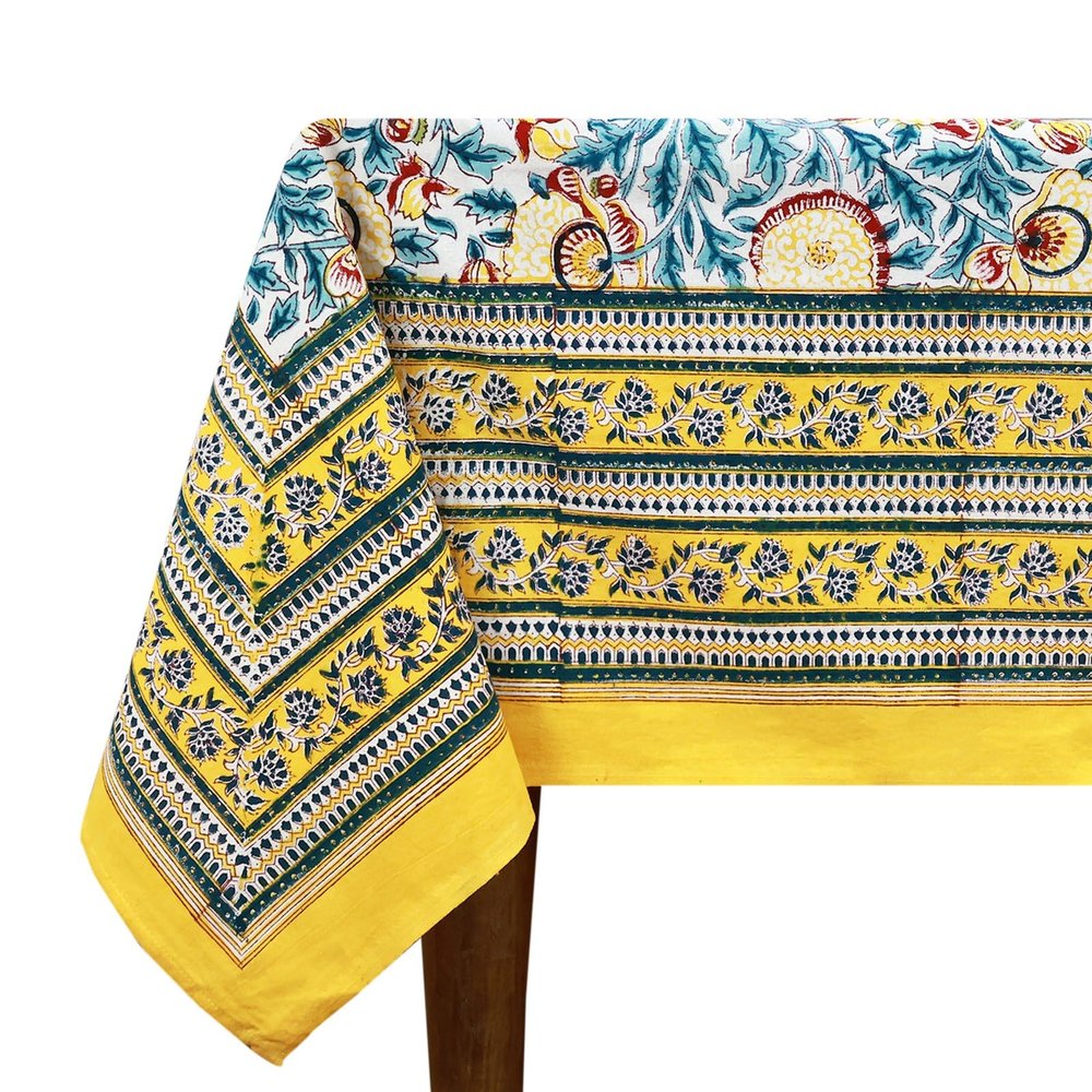 72x180 Inches Rectangle Hand Block Printed Cotton Tablecloth, Green Pink Floral Table Cloths Washable, Indian Table Linen for Valentine Thanksgiving Gifts Home Decor Dinning Outdoor