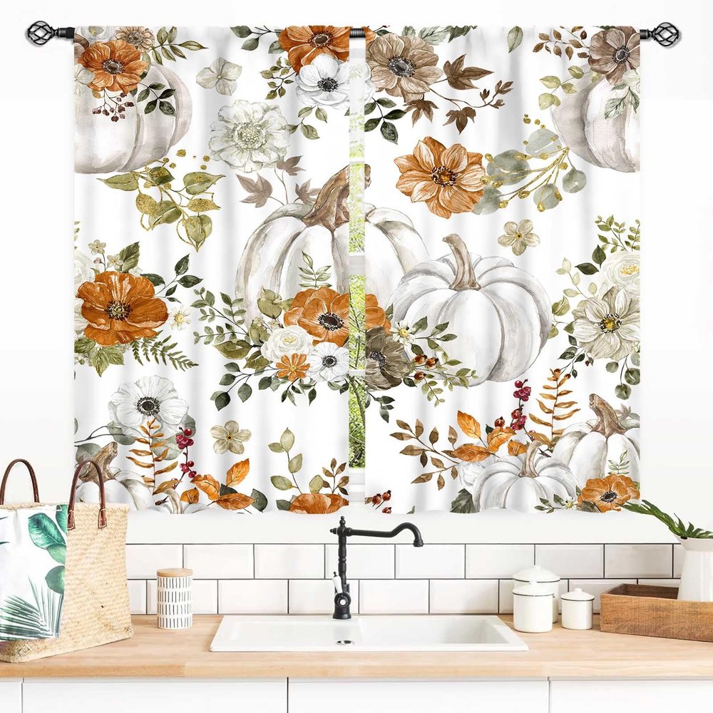 Autumn Pumpkins Curtains, Fall Thanksgiving Harvest Watercolor Orange Floral Maple Leaves Farmhouse Country Rustic Window Drapery Treatments for Bedroom Living Room Kitchen 2 Panels Set, 55x39 Inch