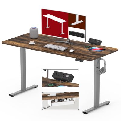 SANODESK Electric Standing Desk with Desk Clamp Power Strip 48"x 30" Whole-Piece Desktop Height Adjustable Stand Up Desk with Cable Management Sit Stand Home Office Desk Silver Frame/Rustic Brown Top