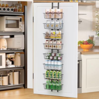 Hocookeper 8 Tier Over the Door Pantry Organizer, Over the Door Spice Rack with Adjustable Baskets, Metal Hanging Door Pantry Organizers and Storage for Kitchen Bathroom Bedroom, Black