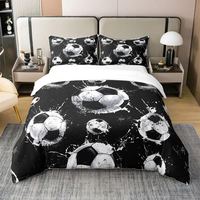 Feelyou Kids Boys Football Soccer Comforter Cover Full Size Sports Game Soccer Comforter Cover for Teens Boys Girls Black White Soccer 100% Cotton Duvet Cover,No Comforter