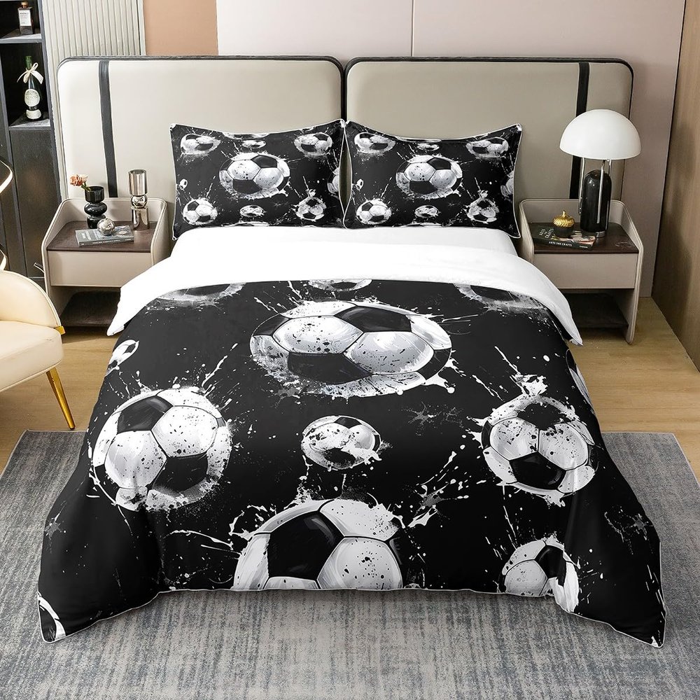 Feelyou Kids Boys Football Soccer Comforter Cover Full Size Sports Game Soccer Comforter Cover for Teens Boys Girls Black White Soccer 100% Cotton Duvet Cover,No Comforter