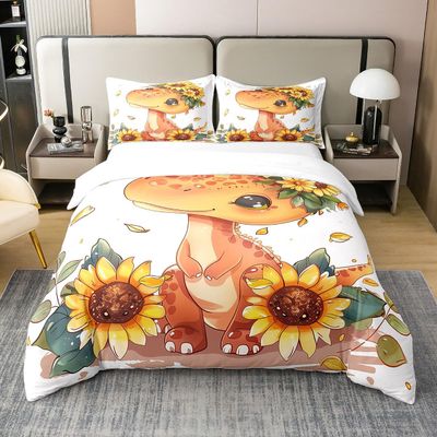 Feelyou Kids Boys Girls Bedding Set Cartoon Cute Dinosaur Bedding Set Full Size for Kids Teens Sunflower Floral 100% Cotton Duvet Cover Soft Quilt Cover,No Comforter