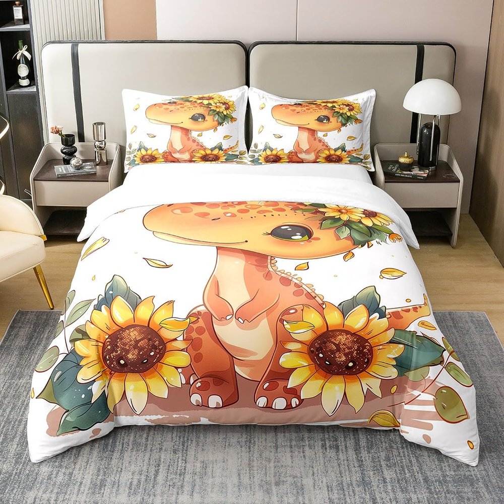 Feelyou Kids Boys Girls Bedding Set Cartoon Cute Dinosaur Bedding Set Full Size for Kids Teens Sunflower Floral 100% Cotton Duvet Cover Soft Quilt Cover,No Comforter