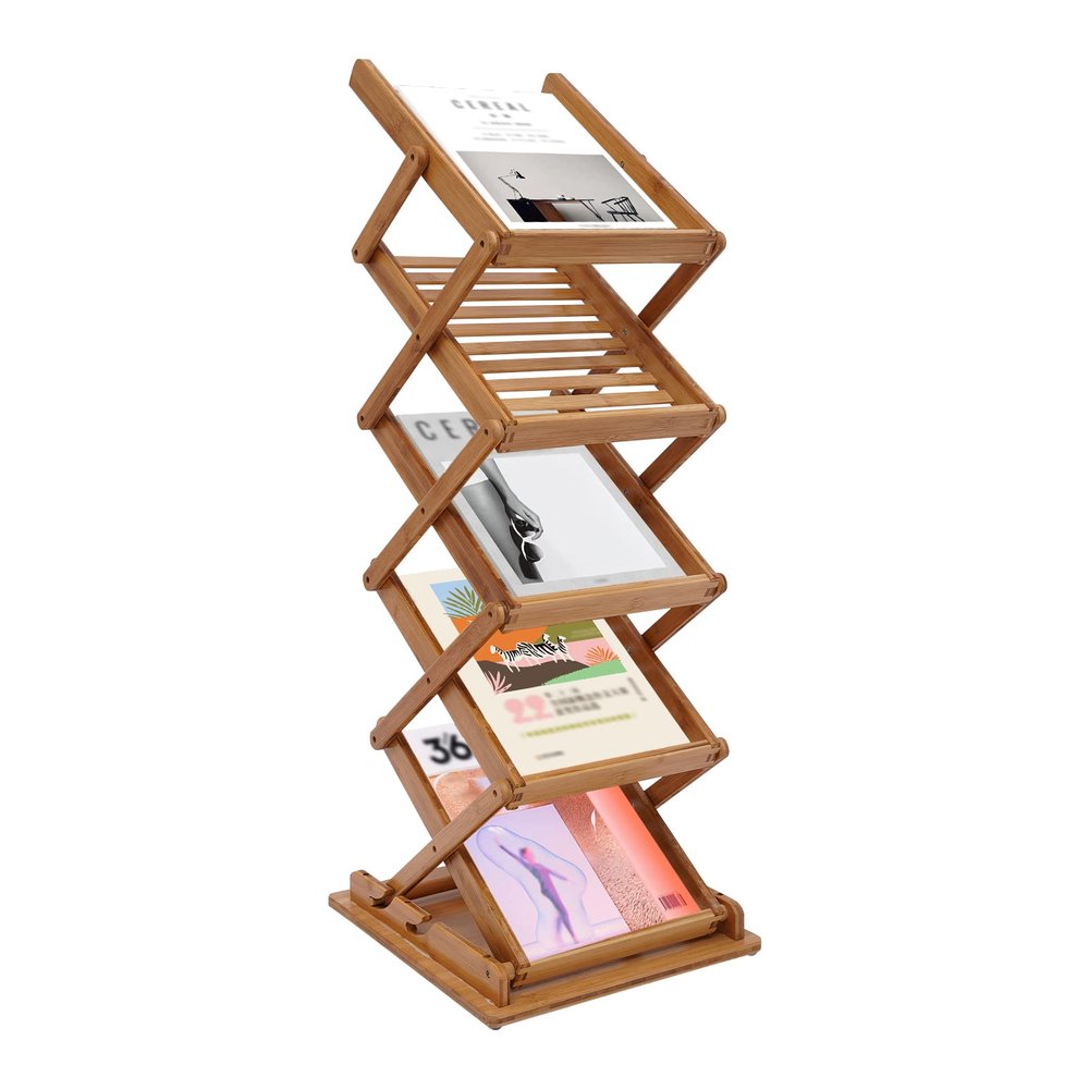 anezdbozr Foldable Bamboo Magazine Rack - 5-Layer Portable Pop-up Display Stand, Literature, Catalog Holder for Trade Show, Office, Retail Store