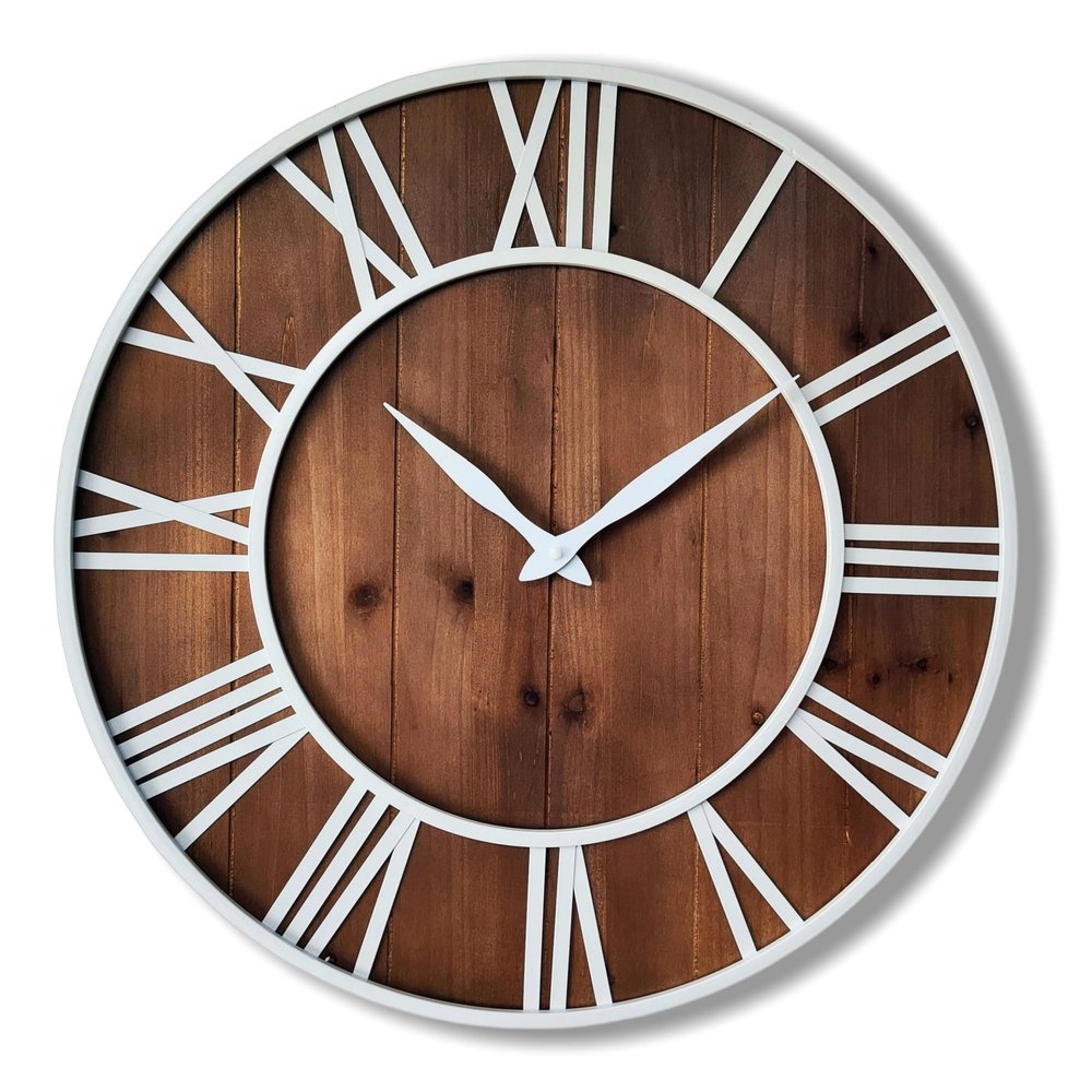 Evursua 24 Inch Large Metal&Wood Wall Clocks Modern Rustic Blend Farmhouse Clocks Distressed Real Wood Handmade Clock for Living Room Decor Home Wall Hanging Accessories Oversized