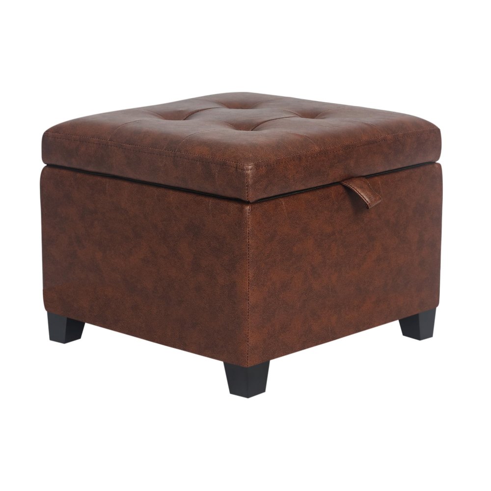 Adeco Small Faux Leather Storage Ottoman Bench with Wood Legs, Square Red & Brown PU Cube Foot Stool, Upholstered Button Tufted Vanity Chair with Hinged Lid for Living Room, Bedroom, Dorm