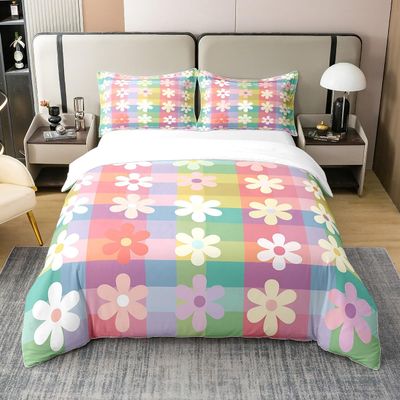 Feelyou Flower Comforter Cover Full Size Comforter Cover Boys Kids Girls Daisy Floral 100% Cotton Duvet Cover Rainbow Plaid Colorful Flowers Bed Set Bedroom Cute Flower Bedspread Cover,No Comforter