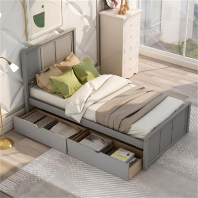 CIGEGE Simple Wooden Platform Bed with headboard, 2 Storage Drawers on Wheels, Double Bed Frame, Dark Grey