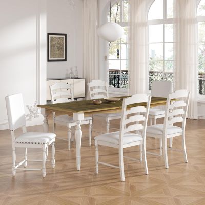 82.7inch Dining Table Set for 6, 7-Piece Wooden Extendable Kitchen Table with 23.6inch Removable Leaf, 4 Serrated Back Chairs and 2 Upholstered Back Dining Chairs for Home, Living Room, Cream+Brown