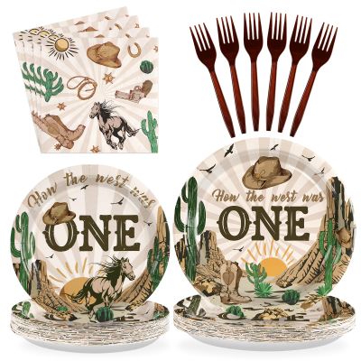 96Pcs How the West Was One Party Decorations 350 GSM Western Cowboy 1st Birthday Plates and Napkins Tableware Set for Boys One Year Old First Rodeo Wild West Party Supplies Serve 24