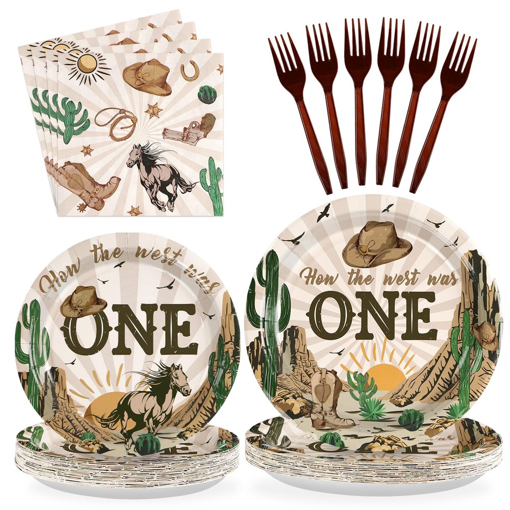 96Pcs How the West Was One Party Decorations 350 GSM Western Cowboy 1st Birthday Plates and Napkins Tableware Set for Boys One Year Old First Rodeo Wild West Party Supplies Serve 24