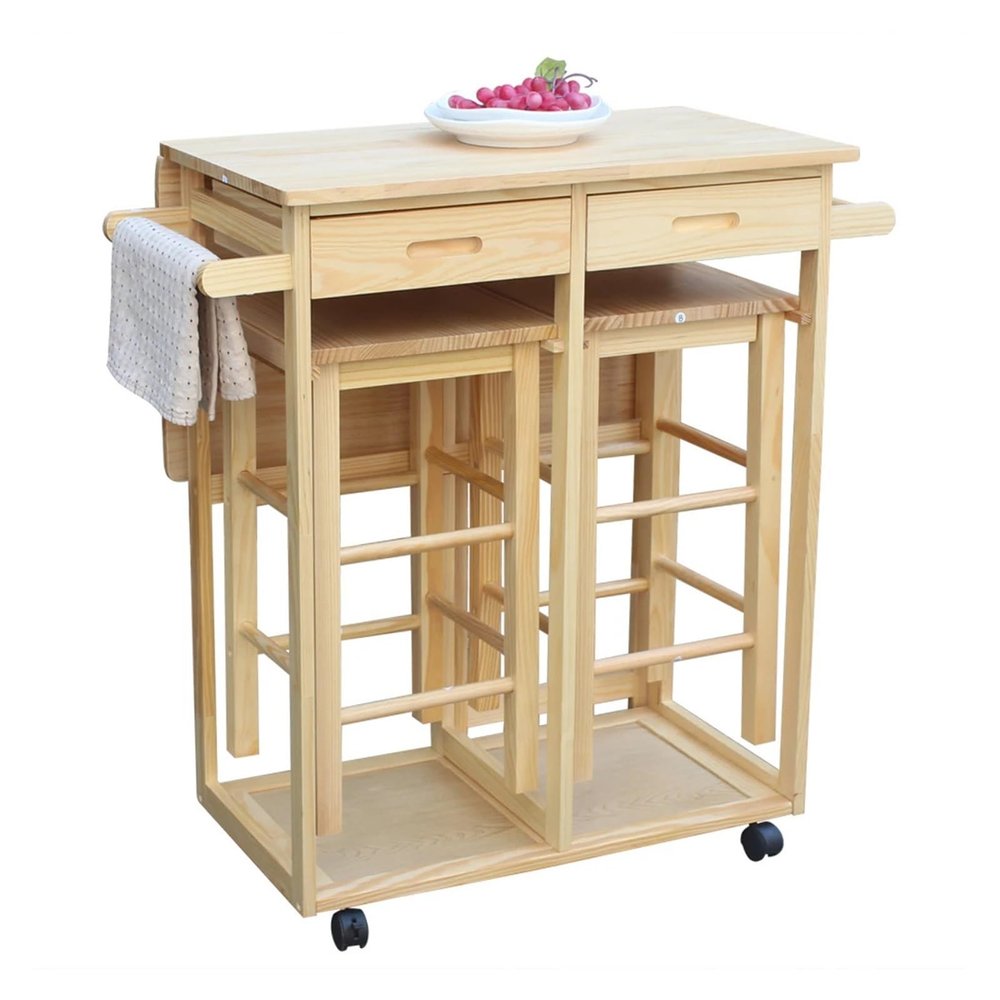 CFGH6FDF Kitchen Island Cart Square Solid Wood Folding Kitchen Dining Cart with 2 Stools, Kitchen Trolley Cart Kitchen Trolley