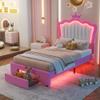 Crown Twin Size Princess Bed with Storage Drawers for Girls,Cute Twin Size Bed Frame for Kids,Twin Upholstered Bed Frame with LED Lights,Girls Bed Twin Size,Pink view 1
