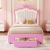 Crown Twin Size Princess Bed with Storage Drawers for Girls,Cute Twin Size Bed Frame for Kids,Twin Upholstered Bed Frame with LED Lights,Girls Bed Twin Size,Pink view 3