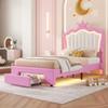 Crown Twin Size Princess Bed with Storage Drawers for Girls,Cute Twin Size Bed Frame for Kids,Twin Upholstered Bed Frame with LED Lights,Girls Bed Twin Size,Pink view 4