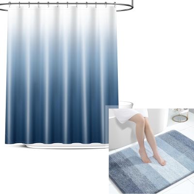 OLANLY Ombre Bath Rug and Shower Curtain, Bath Rug Size 47x32 in Blue and Shower Curtain 72x72 in Blue, 2 Item Bundle