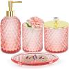 Haturi Pink Bathroom Accessories Set, 4 Pcs Glass Bathroom Accessory Set Complete w/Soap Dispenser, Toothbrush Holder, Qtip Holder, Vanity Tray, Gold Bathroom Set Decor, Gift for Girl Home Apartment view 1