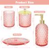 Haturi Pink Bathroom Accessories Set, 4 Pcs Glass Bathroom Accessory Set Complete w/Soap Dispenser, Toothbrush Holder, Qtip Holder, Vanity Tray, Gold Bathroom Set Decor, Gift for Girl Home Apartment view 3