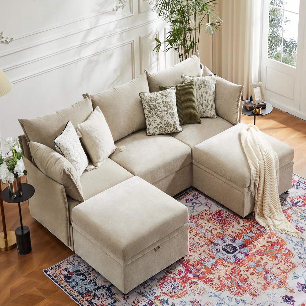 ABCASA 102.6" U Shaped Modular Sectional Sofa, 5 Seater Couch with Storage Ottoman Deep Seat and High Backrest with Removable Cover for Living Room, Apartment - Chenille Beige