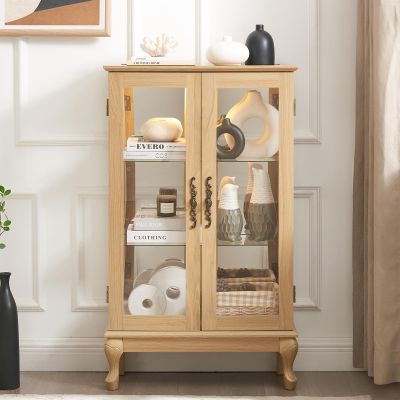 YSJZYBF Glass Display Cabinet, China Cabinets with Glass Doors Lighted Curio Cabinet with 2 Tempered Glass Doors Mirrored Back Panel Adjustable Shelves Light Bulb Included for Home (Light Oak)