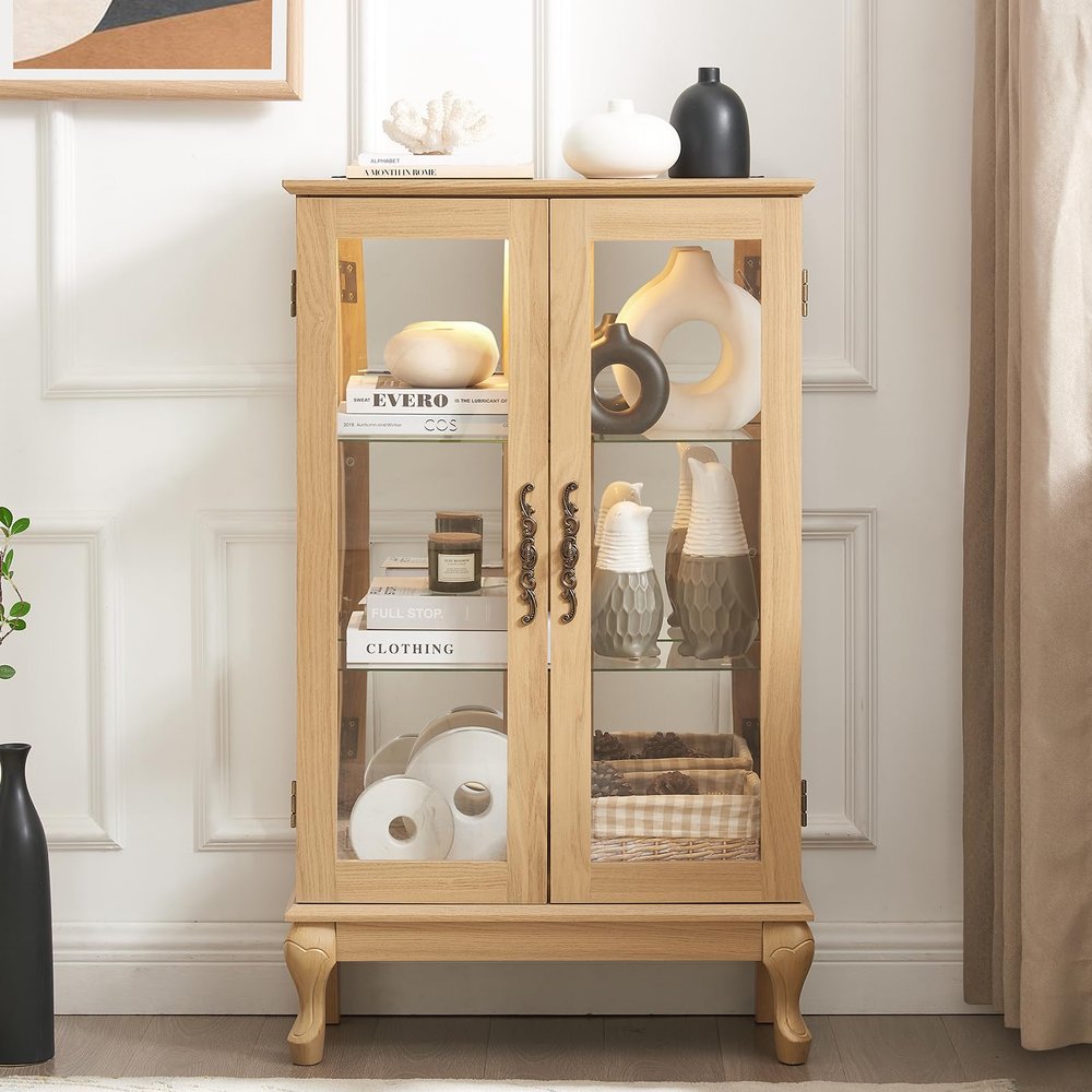YSJZYBF Glass Display Cabinet, China Cabinets with Glass Doors Lighted Curio Cabinet with 2 Tempered Glass Doors Mirrored Back Panel Adjustable Shelves Light Bulb Included for Home (Light Oak)