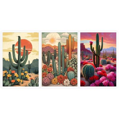 3pcs Southwestern Desert Wall Art, Saguaro Cactus Poster Canvas, Arizona Succulent with Flower Painting, Colorful Plant Landscape Picture Print for Bedroom Living Room Decor 24x36 Inch Unframed