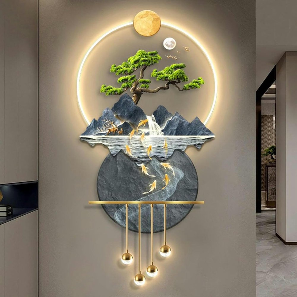 3D Art Wall Decor, Wall Sculptures Hanging Painting Koi Fish Welcoming pine Wall Art Decoration Lamp,Oriental Decor Traditional Chinese Feng Shui Wall Hanging Painting,Wireless remote control