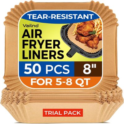 Air Fryer Paper Liners, 50 PCS Air Fryer Liners Disposable, 8" Square Baking Liner for 5-8 qt Airfryer Basket, Non-stick and Oil Proof Parchment Paper for Oven, Pans & Baking