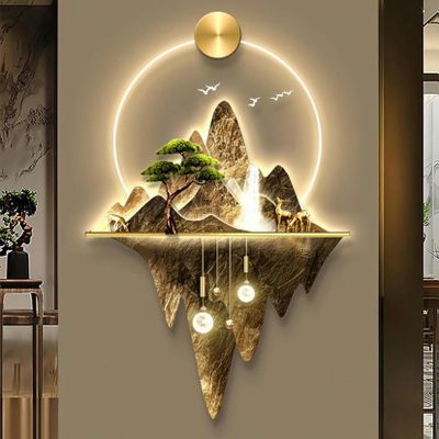 3D Metal Wall Sculpture Painting With LED Light - Home Entrance Corridor Oriental Decor Traditional Chinese Hanging Art Decorations Lamp