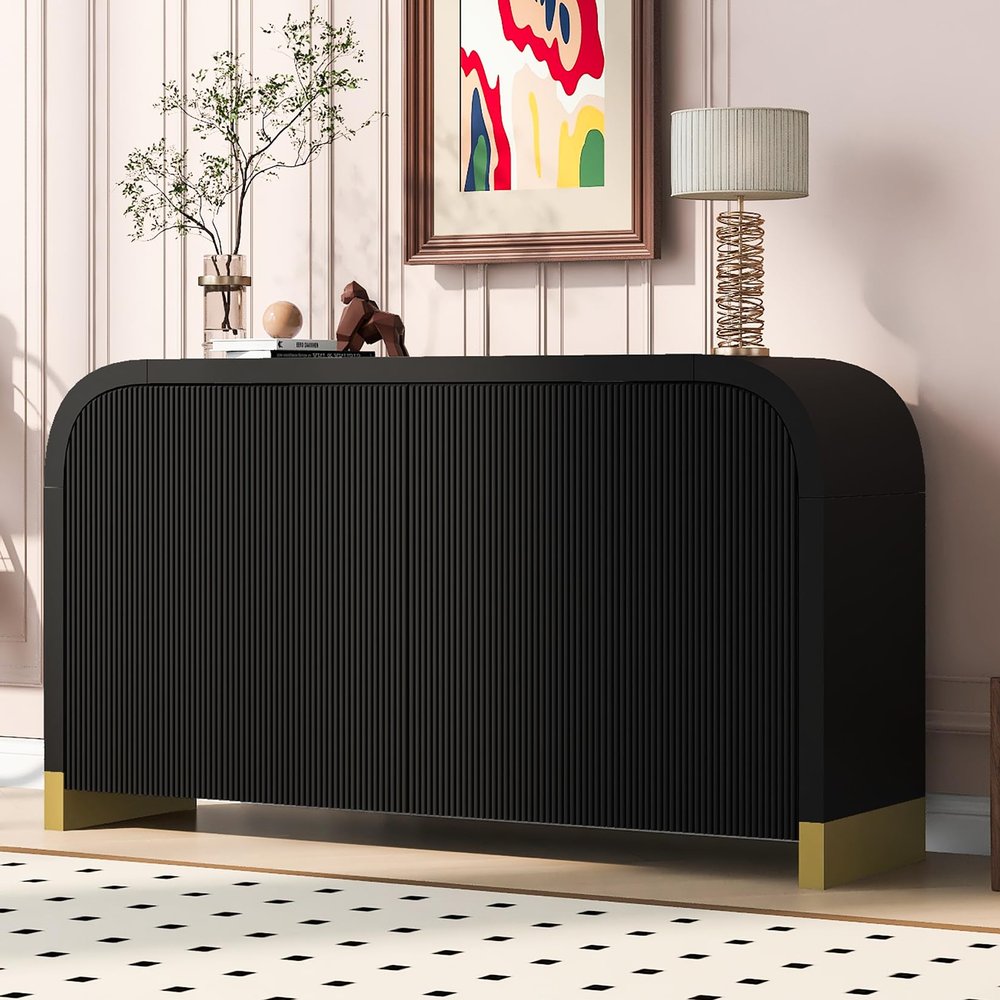 4-Door Curved Corner Design Storage Cabinet with Wavy Door Panel, Buffet Sideboard with Adjustable Shelves, Suitable for Study Living Room Kitchen Dining Room and Entrance, Black