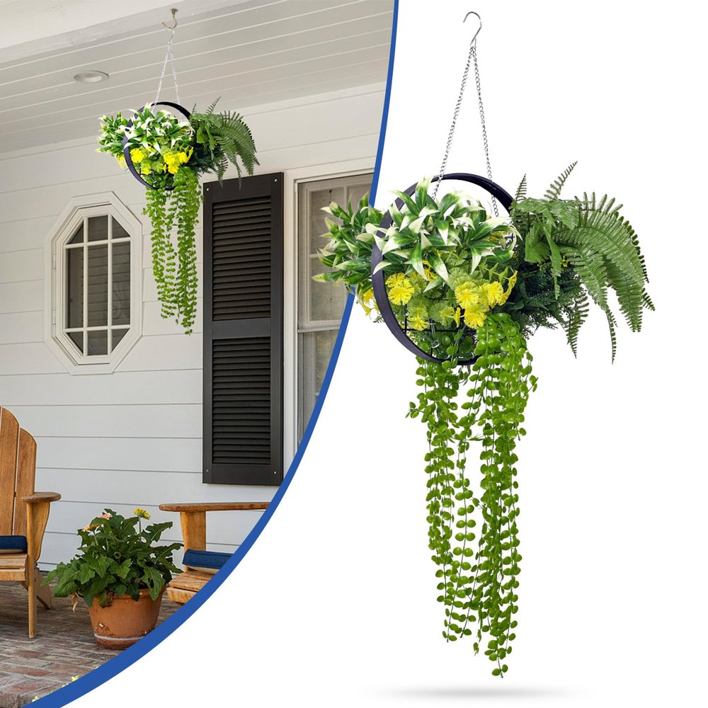 Bynbbur Fake Hanging Plants 2Pcs Artificial Hanging Flower Basket with Black Frame, Greenery Floral for Home Living Room Wall Decor Wedding Indoor Outdoor Decoration