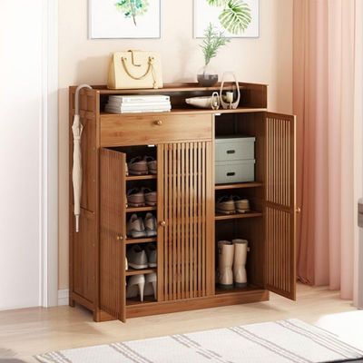 CraftThink Bamboo Shoe Storage Cabinet, Vintage Shoe Cabinet Entryway Shoe Rack Organizer with Doors, Open Storage and Shelves for Bedroom Entryway (39" L x 13" W x 45" H, 1-Flip Door)