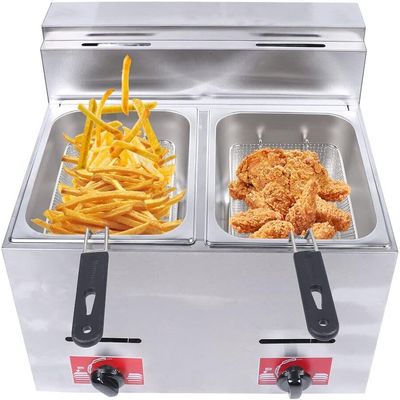 Commercial Gas Deep Fryer, 2X 6L Countertop Stainless Steel Dual Tank Kitchen Frying Machine with 2 Baskets & Lid Double Fryer for French Fries Turkey Donuts Home Kitchen Restauran