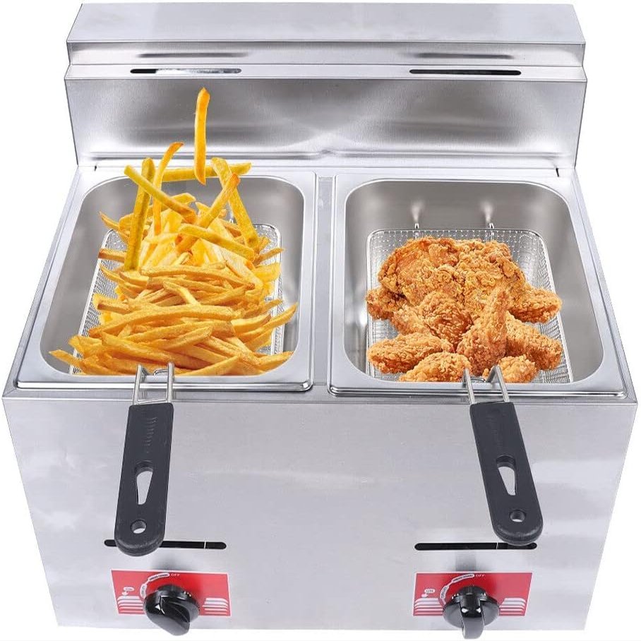Commercial Gas Deep Fryer, 2X 6L Countertop Stainless Steel Dual Tank Kitchen Frying Machine with 2 Baskets & Lid Double Fryer for French Fries Turkey Donuts Home Kitchen Restauran