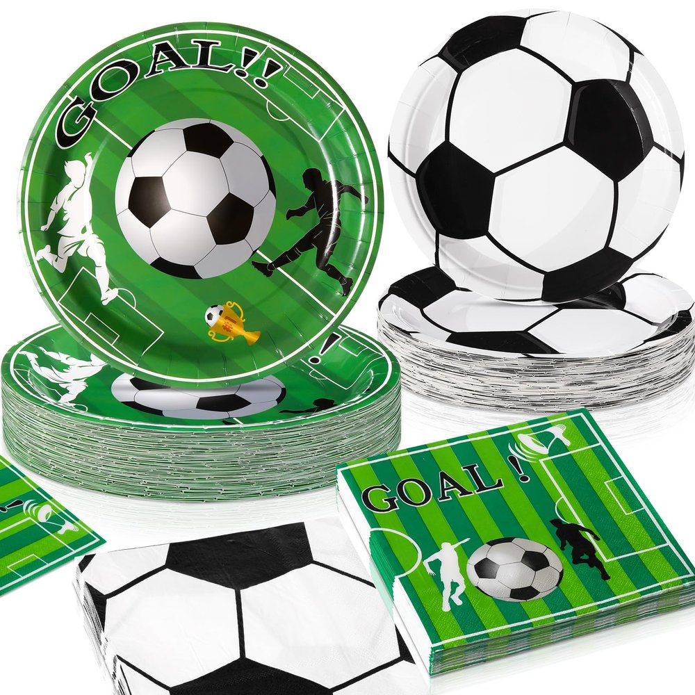 Potchen 180 Pcs Soccer Party Plates and Napkins 7'' and 9'' Soccer Decorations Football Paper Disposable Football Party Supplies Tableware Set for Sports Birthday Serve 60