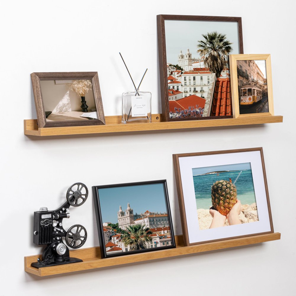 Fun Memories Picture Ledge Shelf, 36 Inch Floating Shelves Set of 2, Nursery Book Shelves for Toys Storage, Kids Bookshelf Wall Mounted for Wall Decor Books Photo Frames, Oak
