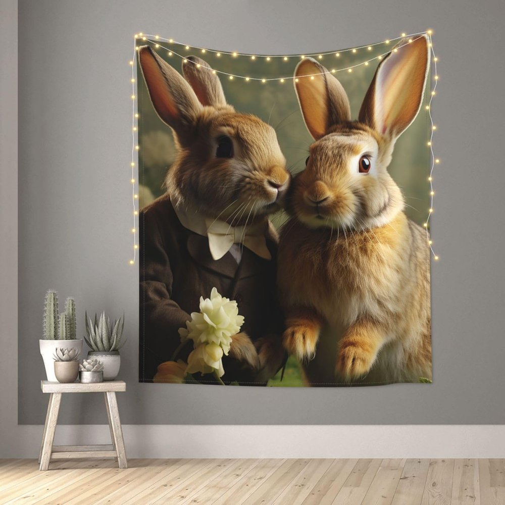 JHLMN Tapestry Wall Hanging Rabbit Couple Tapestry for Bedroom Personalized Tapestry Custom Backdrop Banner Aesthetic Wall Tapestries Wall Art for Living Room Bedroom Dorm 60 x 51 inch