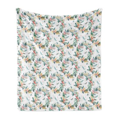 Ambesonne Christmas Throw Blanket, Merry Xmas Vibe Vintage Farmhouse Leaves and Fruits Illustration, Flannel Fleece Accent Piece Soft Couch Cover for Adults, 50" x 60", Teal Coral and Mustard