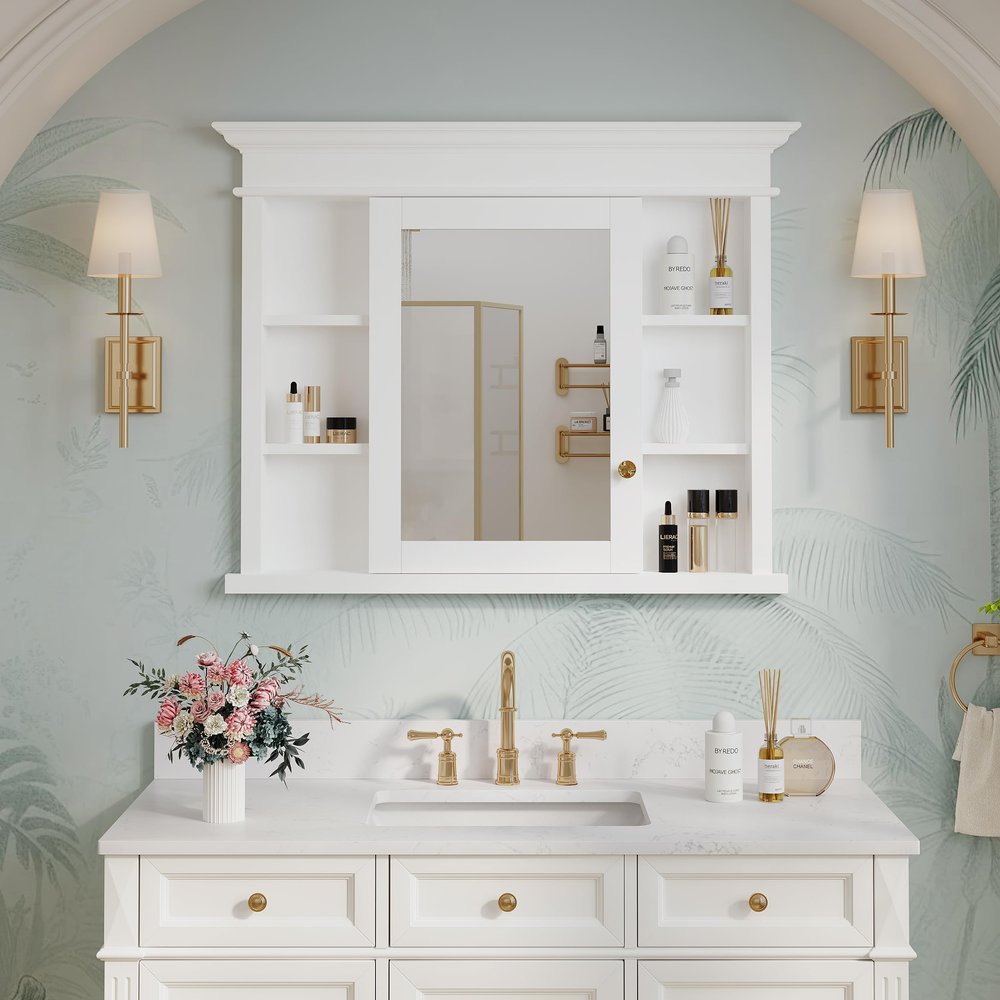 WELLFOR40 x 32" Bathroom Medicine Cabinet with 3-Tier Adjustable Shelves, Recessed Solid Wood Medicine Cabinet with Mirrors, Wood Miiror Cabinet with 1 Soft-Close Door and Open/Built-in 7 Shelves