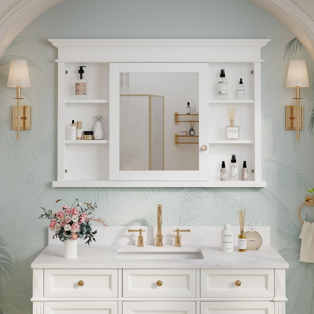 WELLFOR 48"x 32" Bathroom Medicine Cabinet with 3-Tier Adjustable Shelves, Recessed Solid Wood Medicine Cabinet with Mirrors and 1 Soft-Close Door, Wood Miiror Cabinet with Open/Built-in 7 Shelves