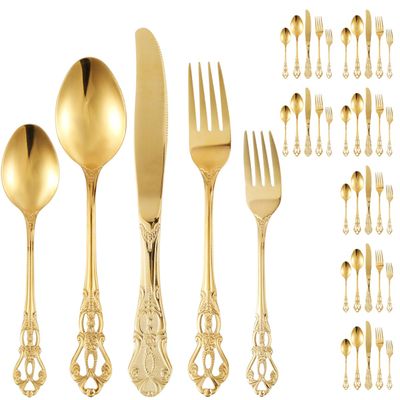 40Pcs Gorgeous Gold Flatware Set Retro Royal Silverware Set Stainless Steel Gold Dinnerware Set Vintage Embossed Flatware Set with Fork Spoon Cutter Dishwasher Safe for Gift
