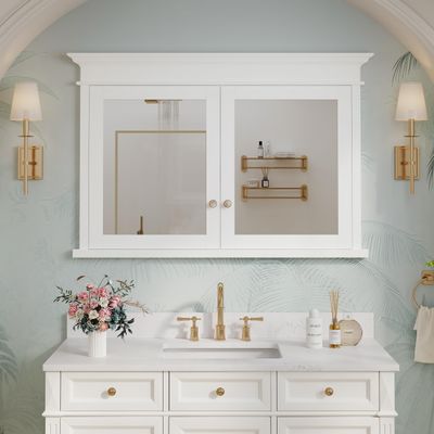 WELLFOR 48"x 32" Bathroom Medicine Cabinet with 3-Tier Adjustable Shelves, Recessed Solid Wood Medicine Cabinet with Mirrors, Wood Miiror Cabinet with 2 Soft-Close Door and Open/Built-in 6 Shelves