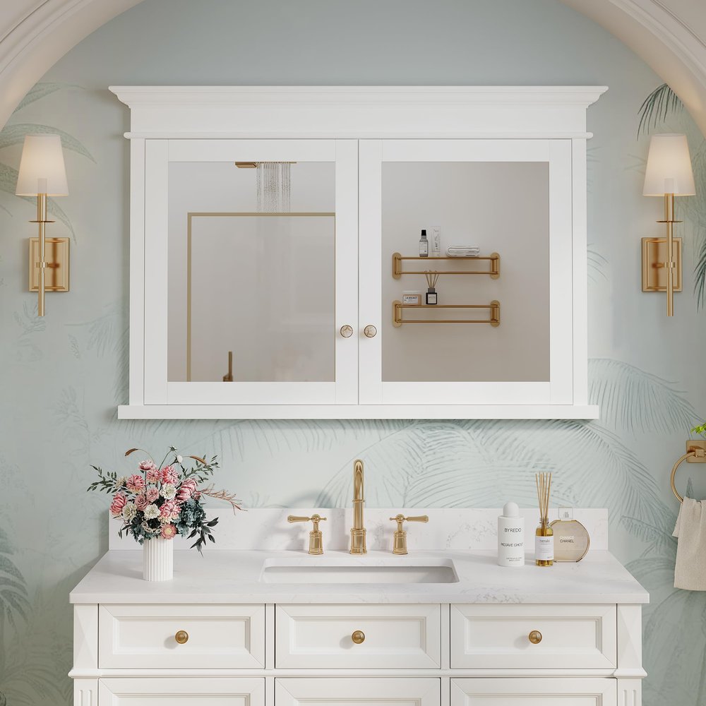 WELLFOR 48"x 32" Bathroom Medicine Cabinet with 3-Tier Adjustable Shelves, Recessed Solid Wood Medicine Cabinet with Mirrors, Wood Miiror Cabinet with 2 Soft-Close Door and Open/Built-in 6 Shelves