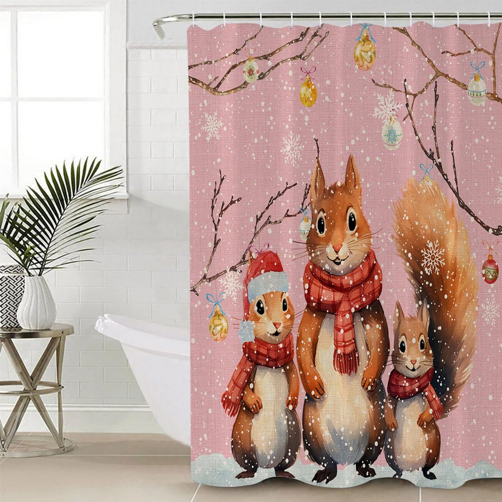 Double Love Animal Squirrels Bathroom Curtain 72 Inch Shower Curtain with Hooks, Christmas Blush Pink Snowflake Waterproof Polyester Bath Curtain Washable Bathtub Curtain 60''x 72''