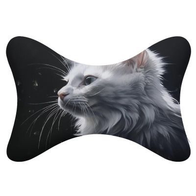 BTCOWZRV White Cat Painting Car Neck Pillow Set of 2 Ultra Comfortable Car Headrest Pillow for Driving Soft Car Neck Support Pillow, Memory Foam and Breathable Removable Cover