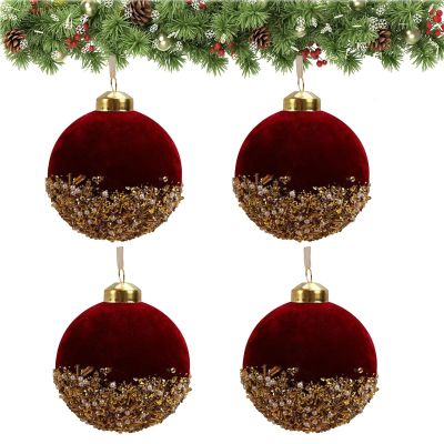 Algado 4Pcs Red Christmas Balls Ornaments, 3in Shatterproof Glitter Sequin Christmas Balls with Pearls, Red Velvet Christmas Ornaments for Home Xmas Wedding Party Halloween Holiday