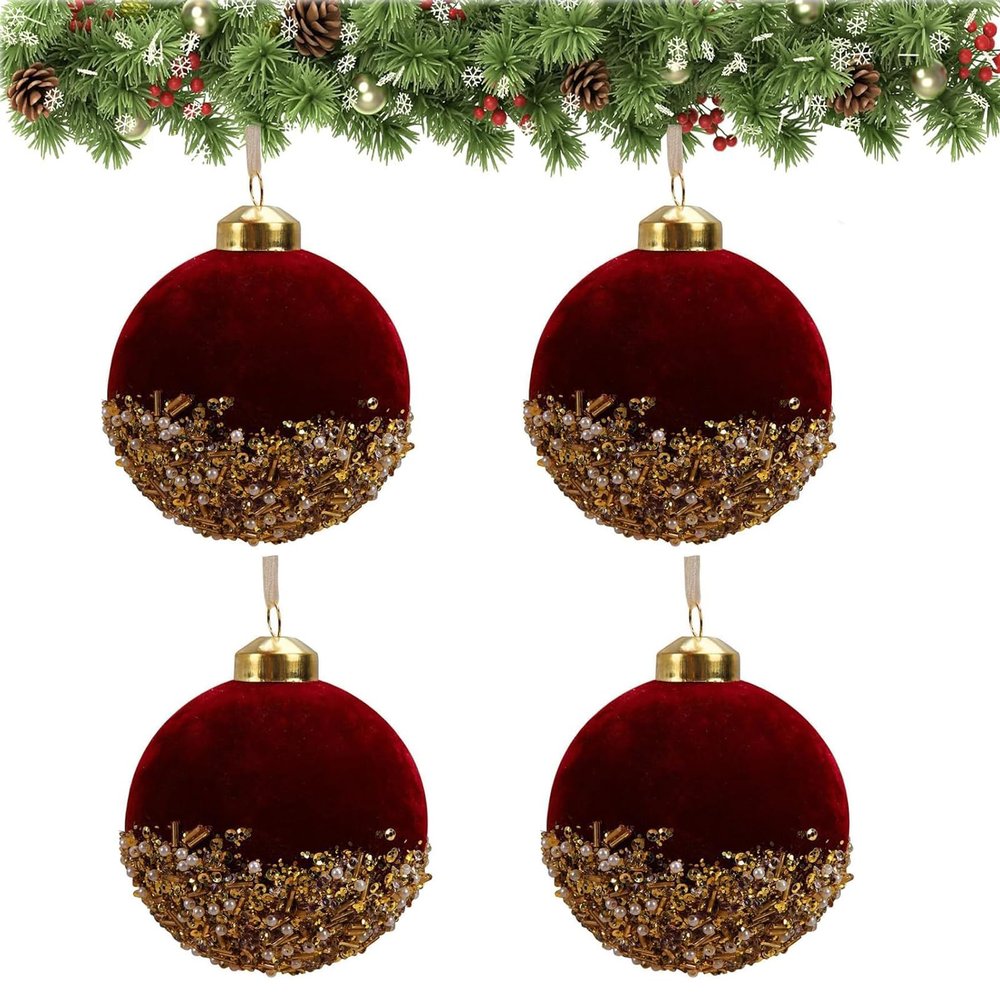 Algado 4Pcs Red Christmas Balls Ornaments, 3in Shatterproof Glitter Sequin Christmas Balls with Pearls, Red Velvet Christmas Ornaments for Home Xmas Wedding Party Halloween Holiday
