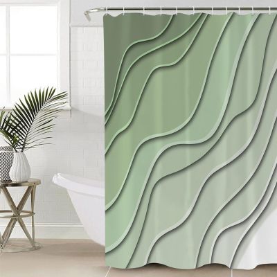 Double Love Geometric Sage Green Bathroom Curtain 72 Inch Shower Curtain with Hooks, Gradient Contemporary Stripes Waterproof Polyester Bath Curtain Washable Bathtub Curtain 60''x 72''
